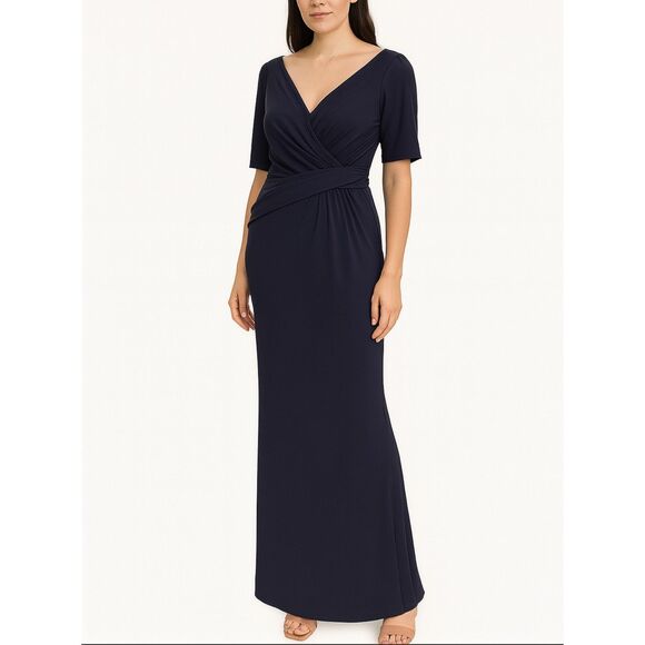 BHLDN Navy Faux Wrap Maxi Gown Short Sleeve Wedding Guest Formal Dress 8 - Picture 1 of 7
